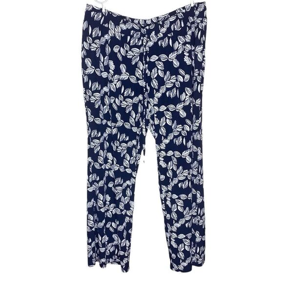 Magnolia Grace Wm’s Sz XL Navy Blue White Leaf Design Flowy Wide Leg Pants - Picture 2 of 5